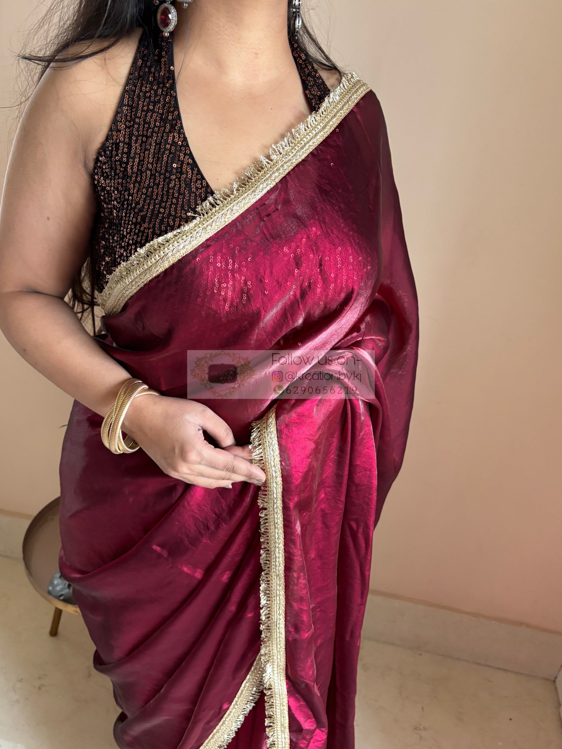Cheery Wine Metallic Shimmer satin Banno Saree kreationbykj