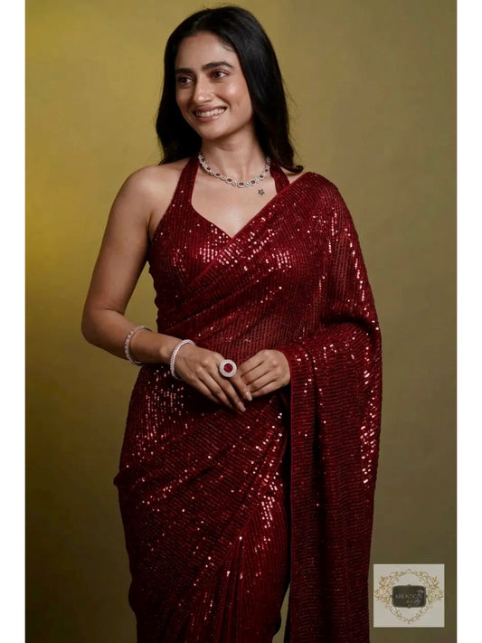 Maroon Knitted Sequin Saree