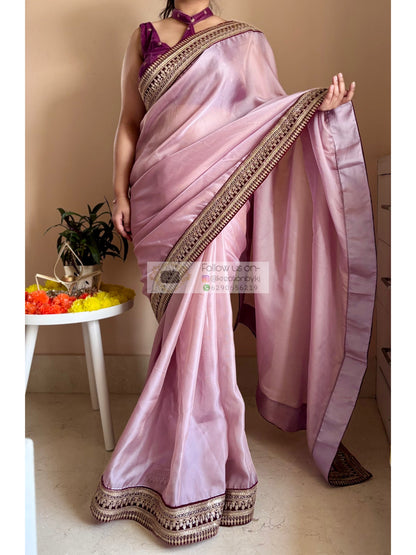 Mauve Pink Net Saree With Wine Border Kreation by KJ