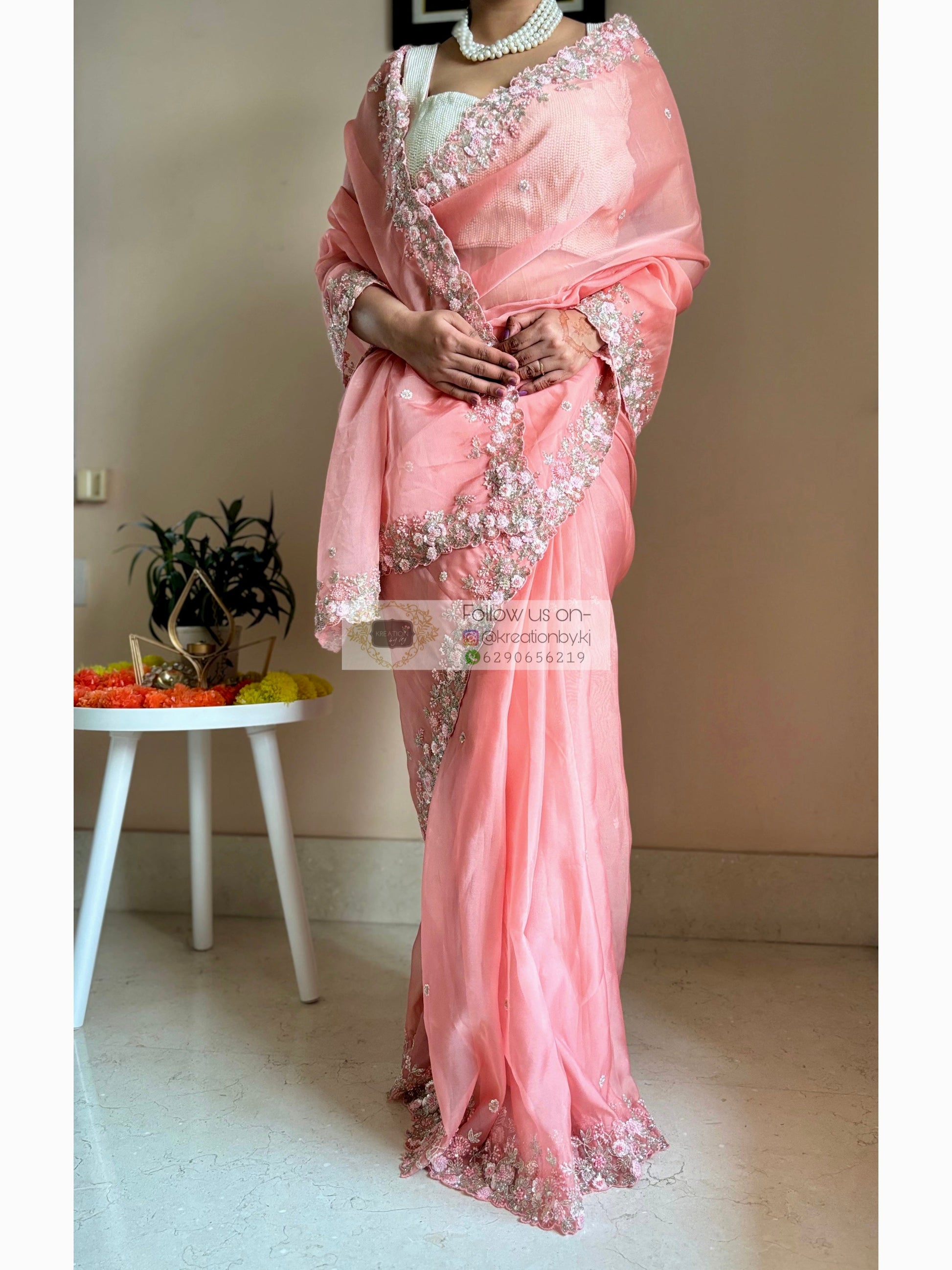 Peach Floral Haze Organza Saree Kreation by KJ