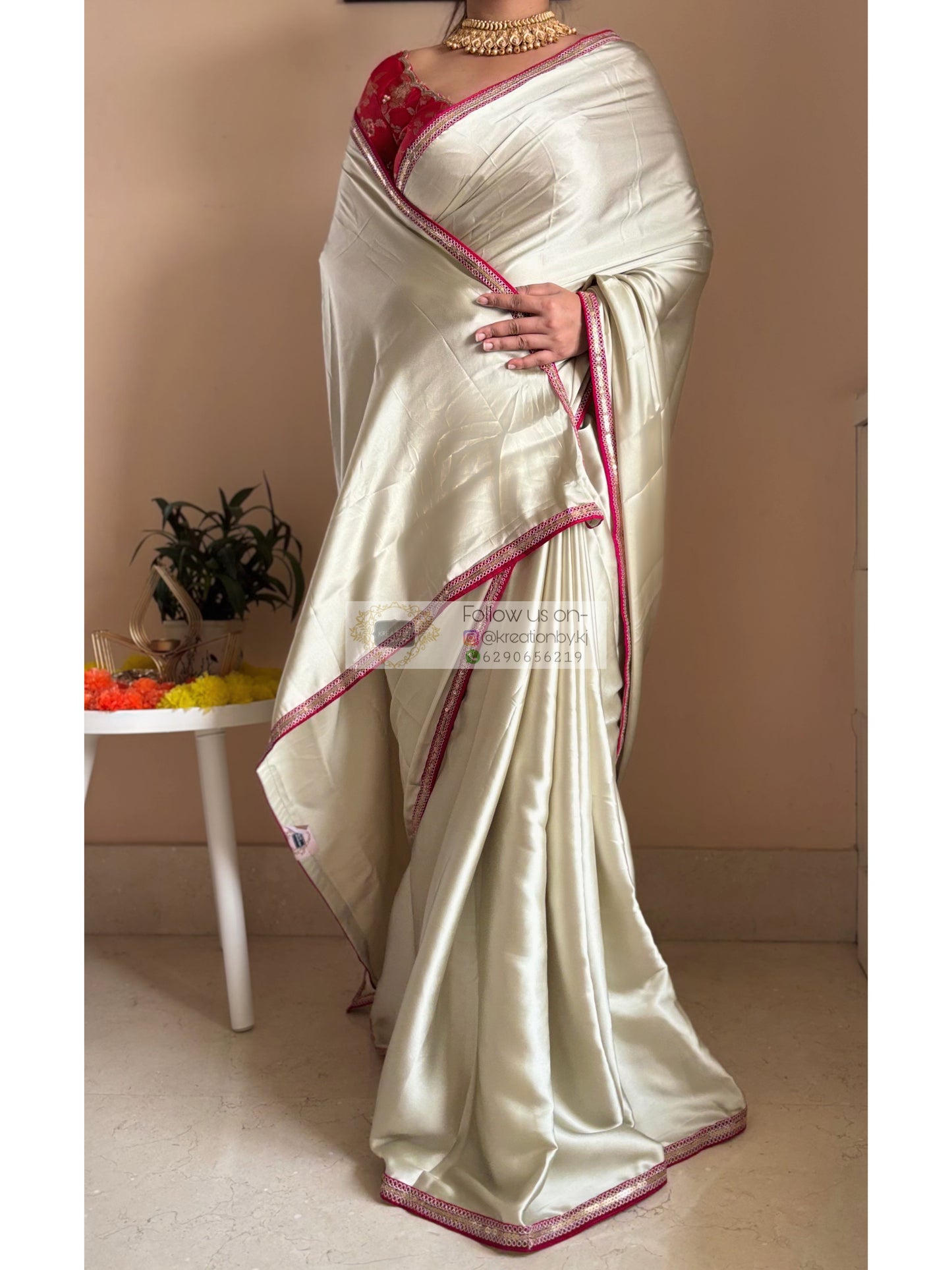 Cream with Green Hues Satin Silk Saree