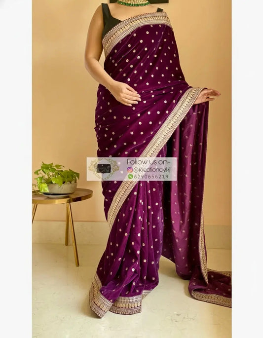 Purple Wine Velvet Saree With Border Kreation by KJ