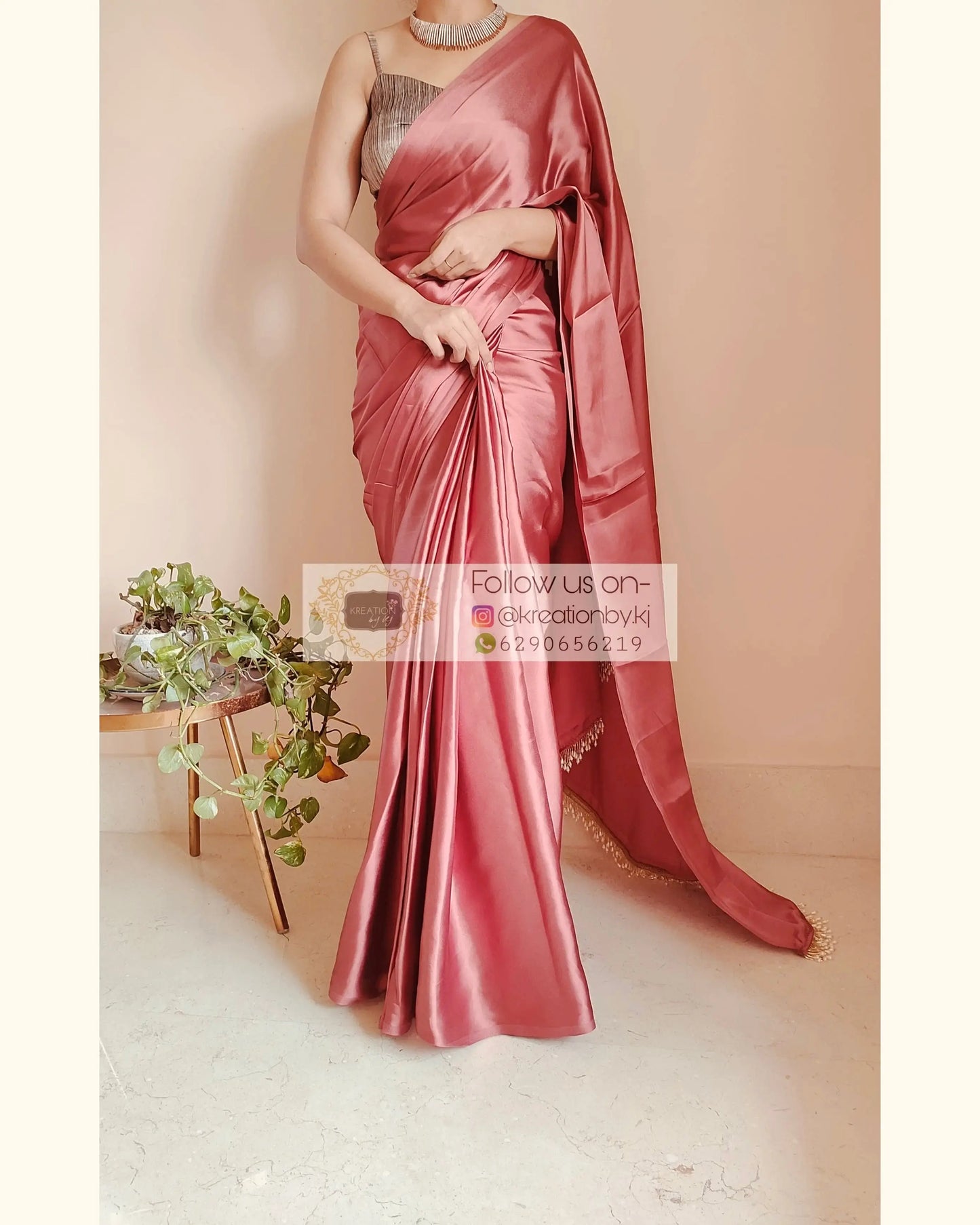 Dusty Rose Satin Silk One Minute Saree kreationbykj.in