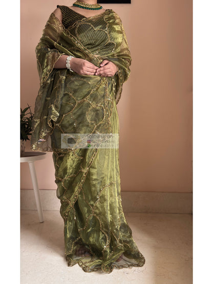 Military Green Chaudhvin ka Chand Saree for Wedding Kreation by KJ