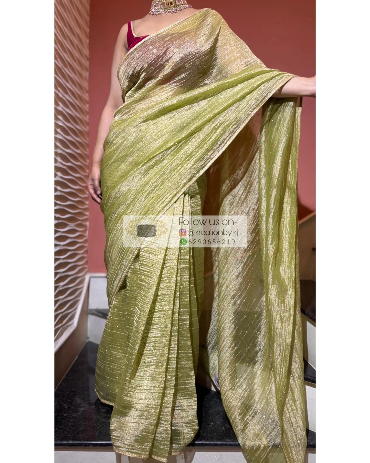 Mint Green Crushed Tissue Saree with Mukaish Work Kreation by KJ