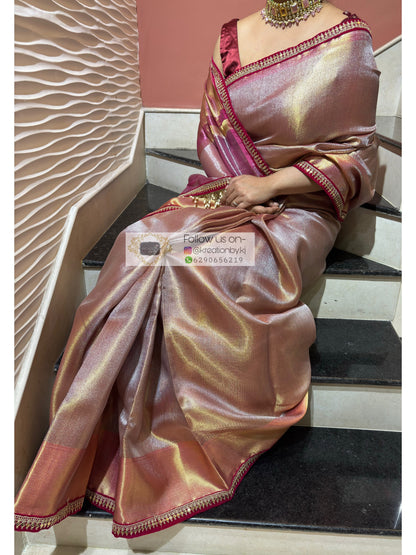 Dusty Pink Tissue Banarasi Saree with Designer Velvet Blouse kreationbykj