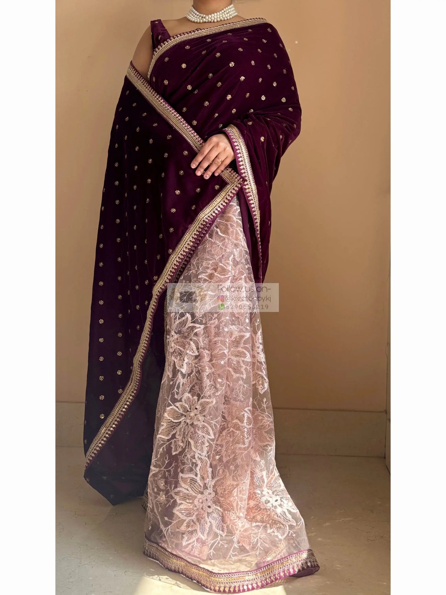 Purple Wine Velvet And Net Embellished Saree Kreation by KJ