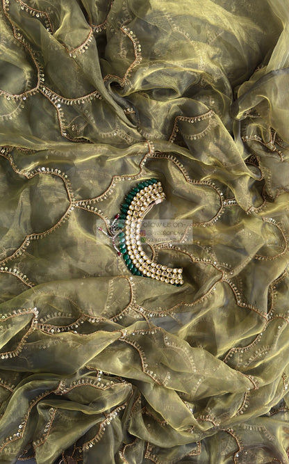 Military Green Chaudhvin ka Chand Saree for Wedding Kreation by KJ