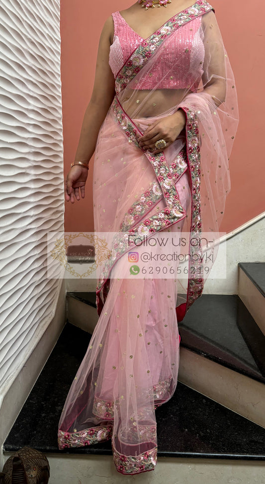 Pink Net Saree with Floral Border kreationbykj