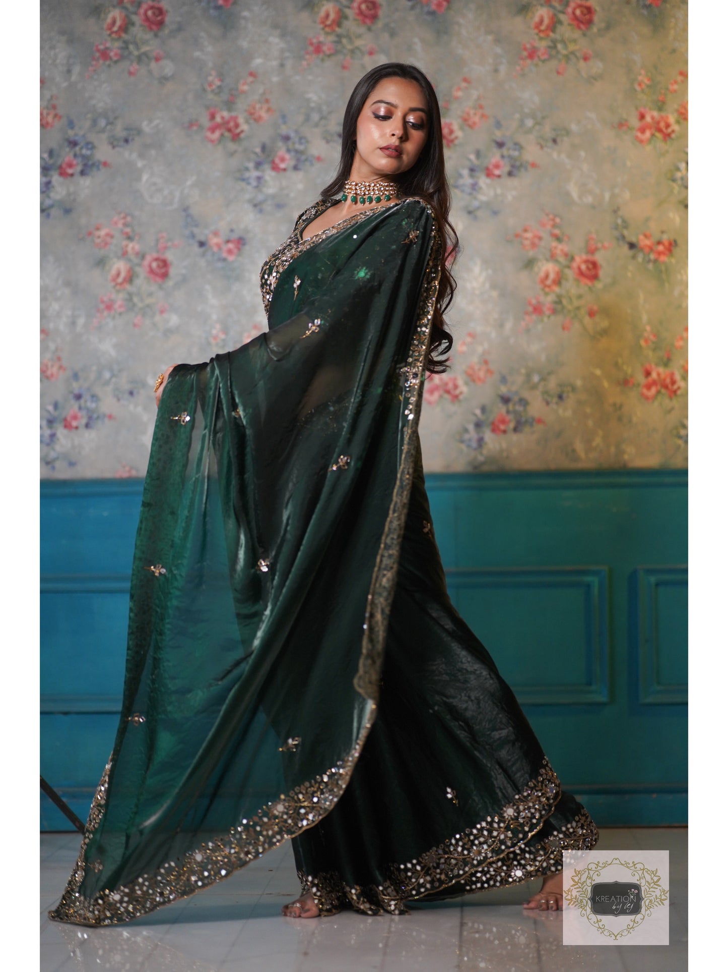 Bottle Green Shimmer Satin Sheesh Mahal Saree