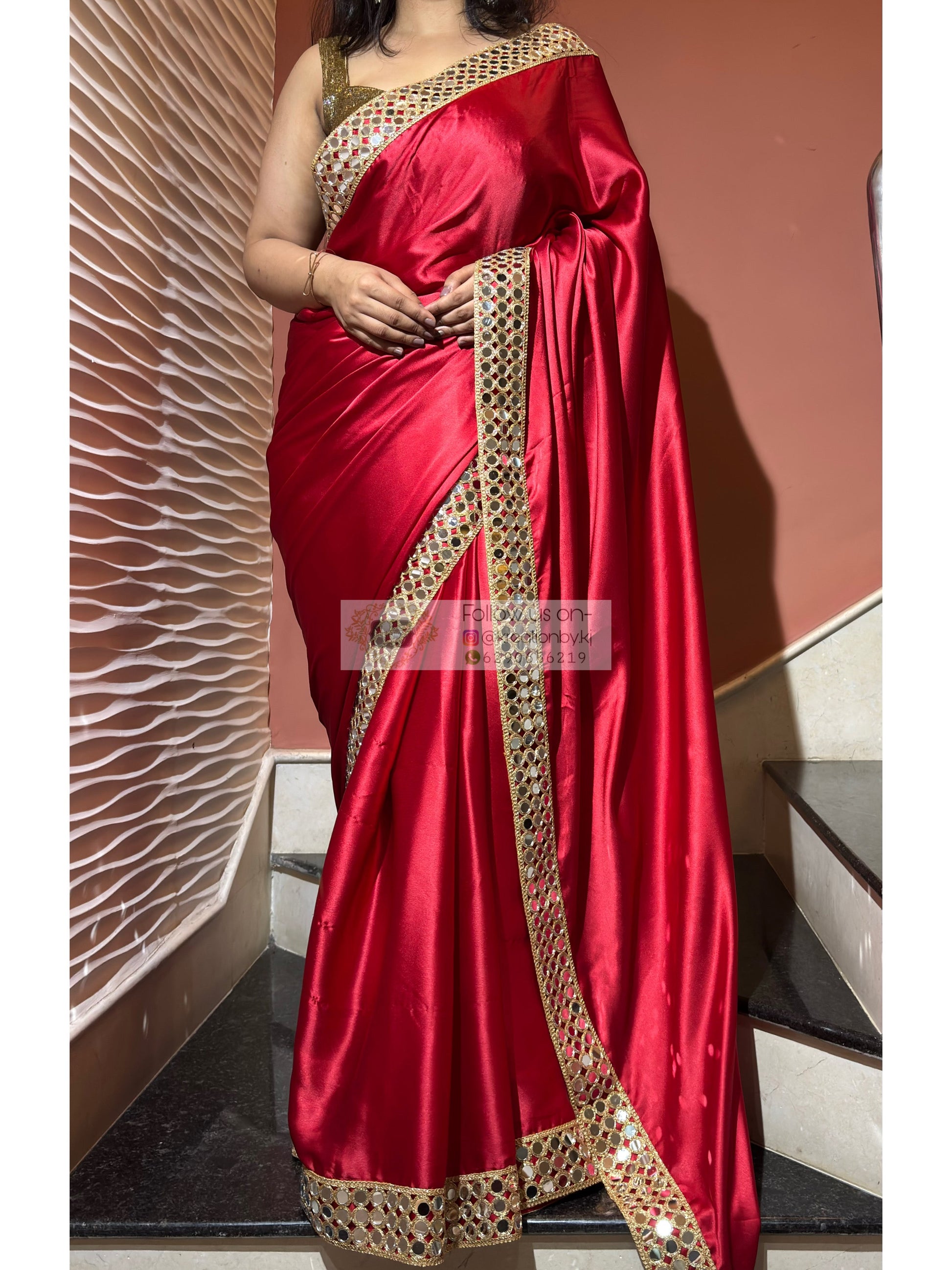 Crimson Red  Satin Silk Saree with Mirror Border kreationbykj