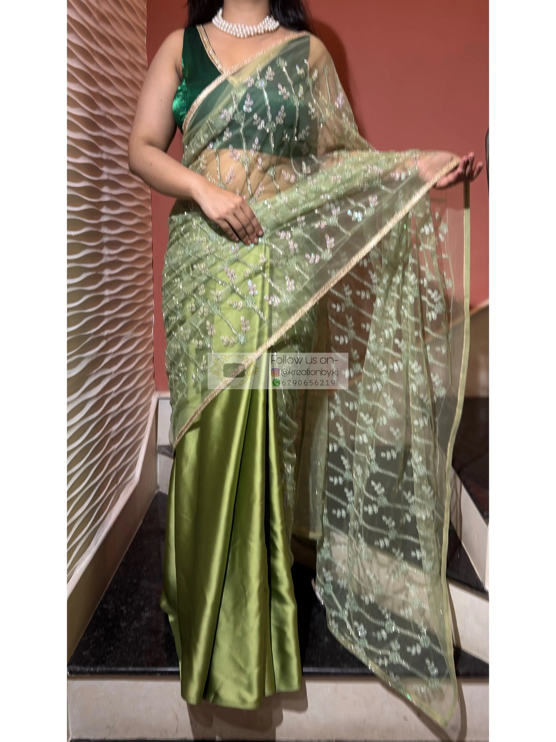 Green Spring Sequin Soirée Saree Kreation by KJ