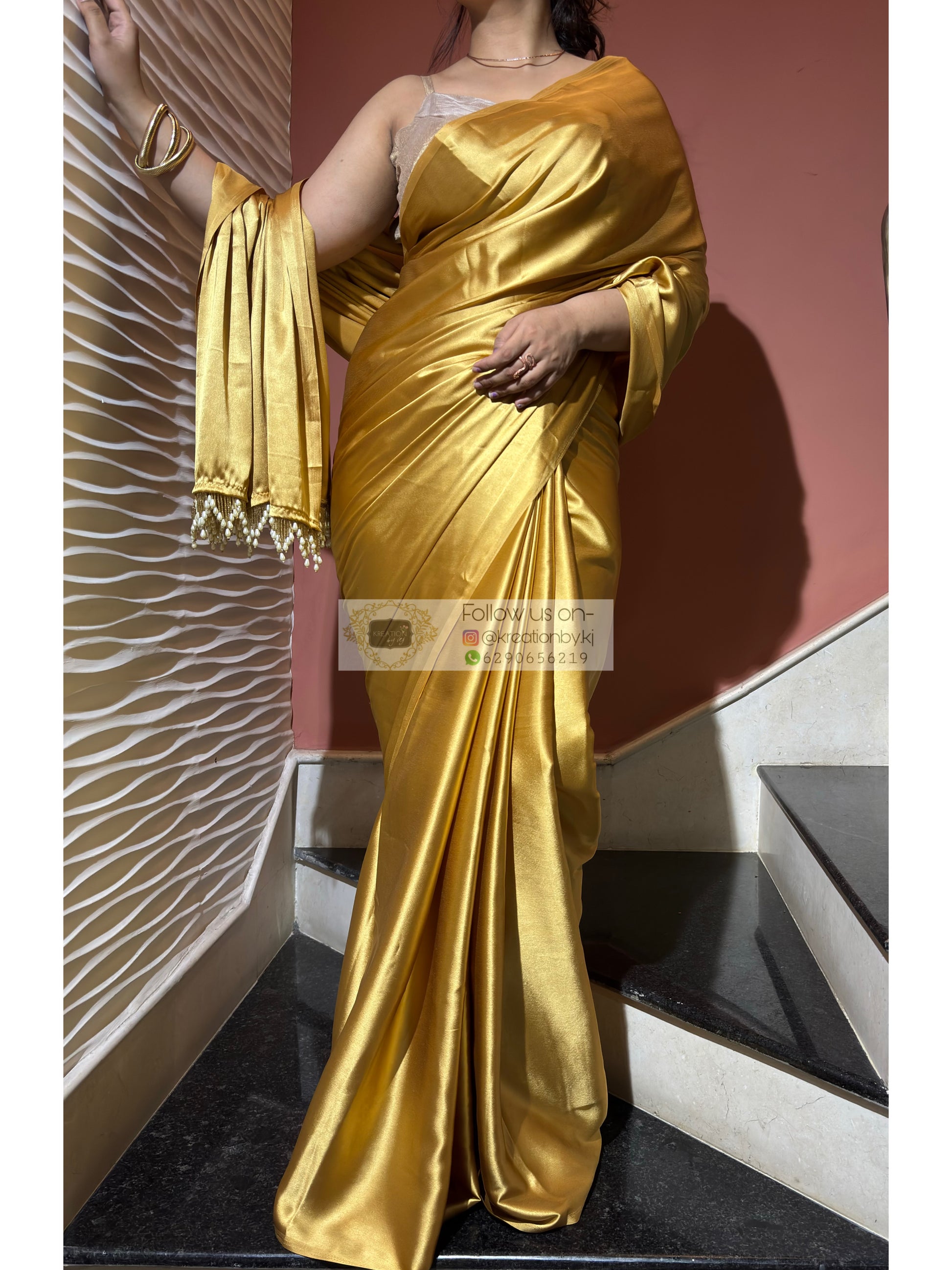 Golden mustard Satin Silk Saree with Handmade Tassels on Pallu - kreationbykj