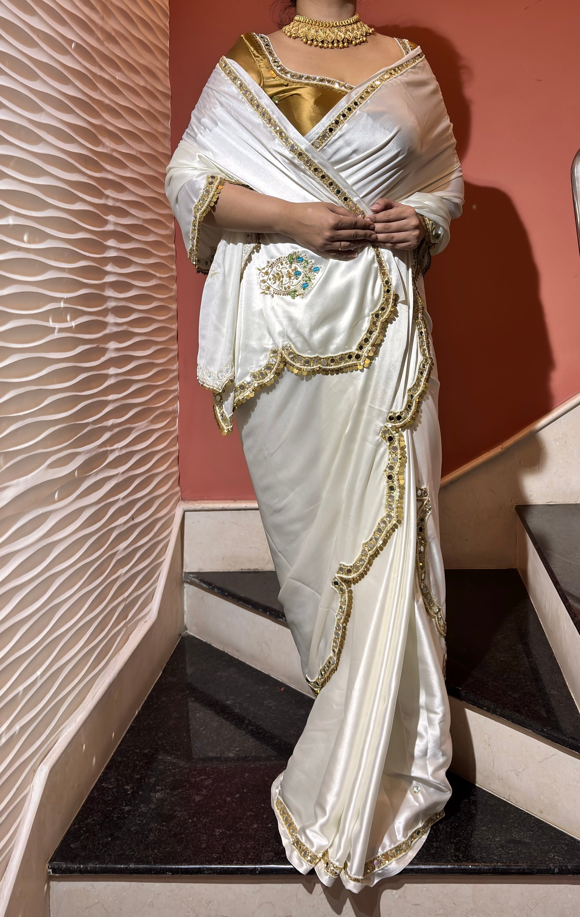 Creme Satin Silk Saree With Real Mirror Work Kreation by KJ