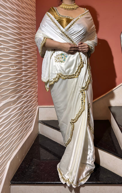 Creme Satin Silk Saree With Real Mirror Work Kreation by KJ