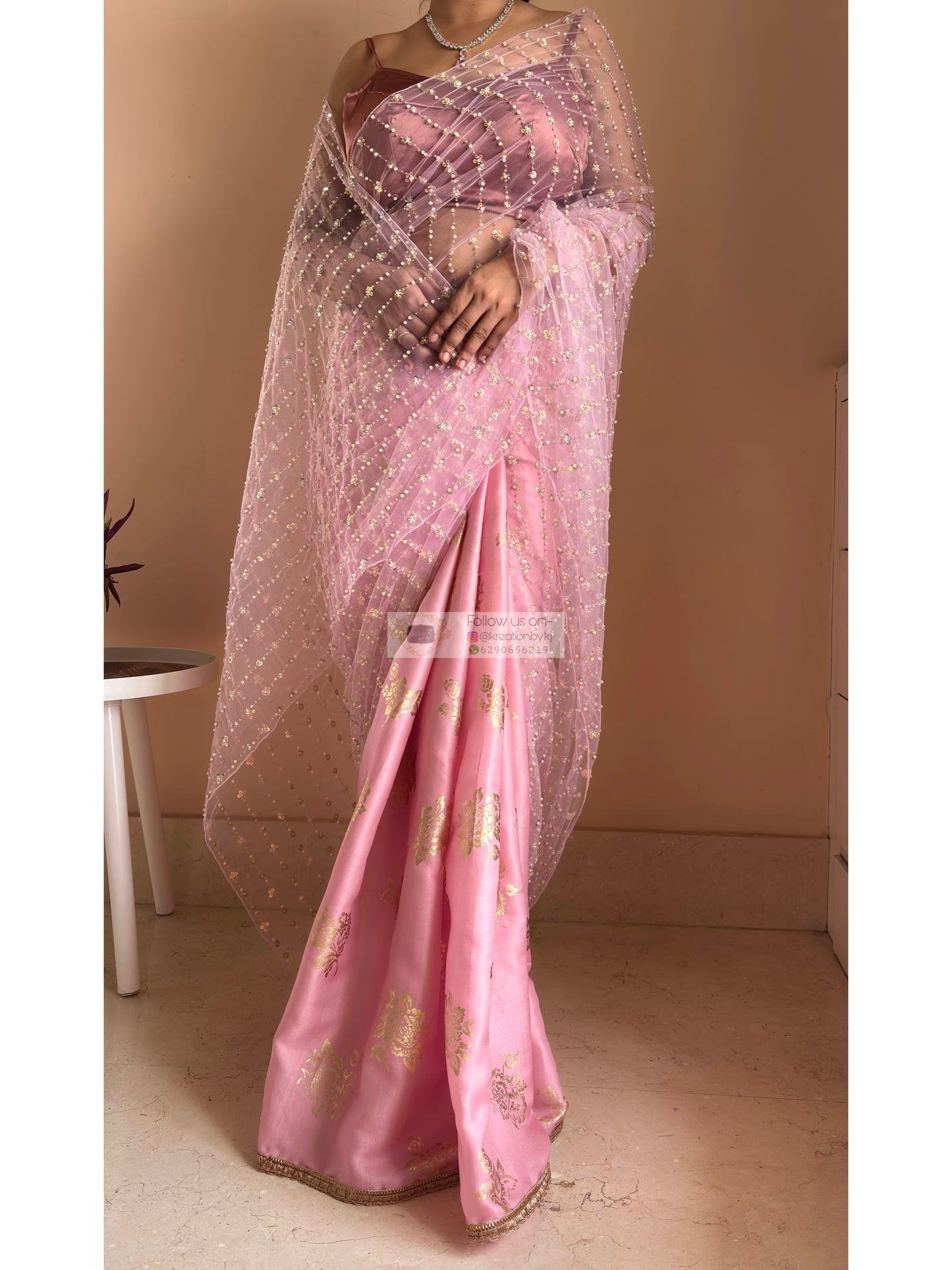 Blush Pink Golden Rose Saree