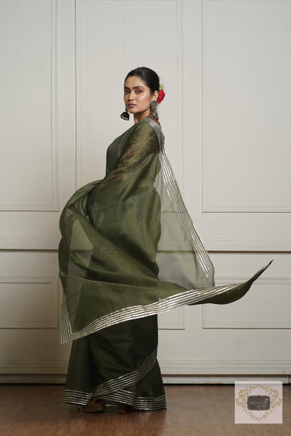 Olive Green Kota Silver Lining Saree