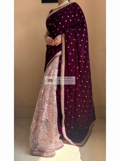 Purple Wine Velvet And Net Embellished Saree Kreation by KJ