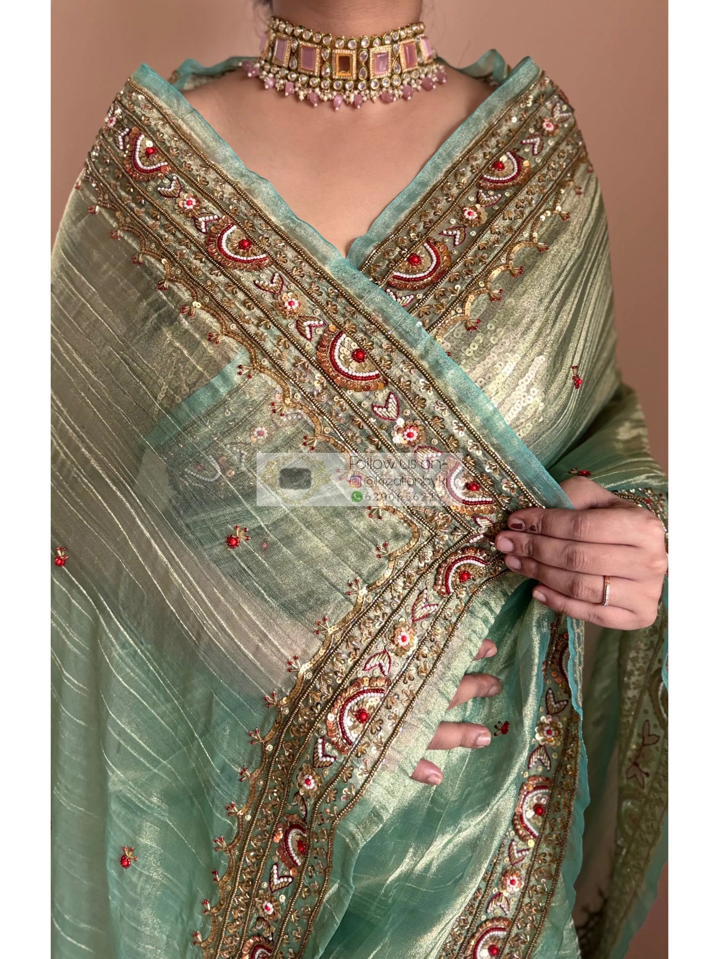 Green Tissue Saree with Hand embroidered Border Kreation by KJ