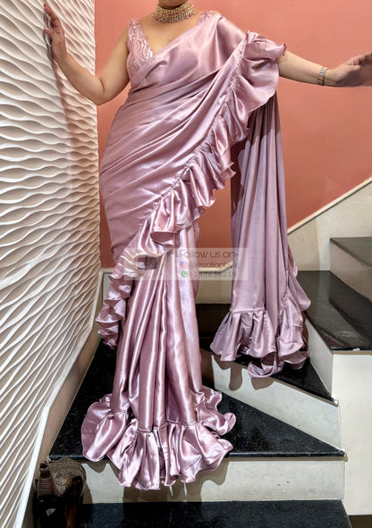 Dusk Mauve Satin Silk Ruffle Saree