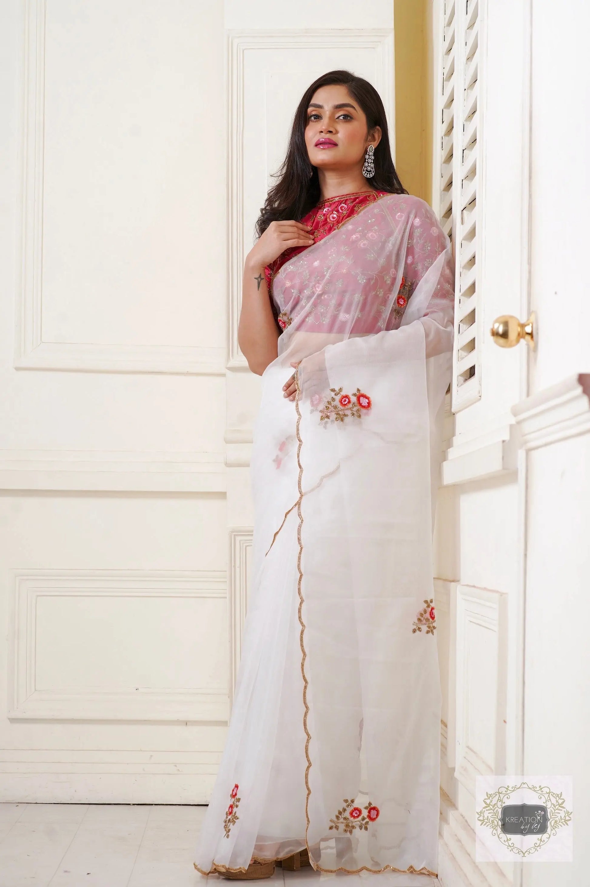 White Organza Remember The Roses Saree kreationbykj