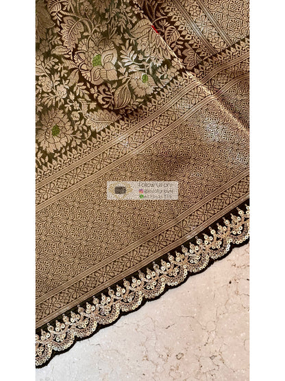 Mehndi Green Minakari Banarasi Saree With Antique Zari Work
