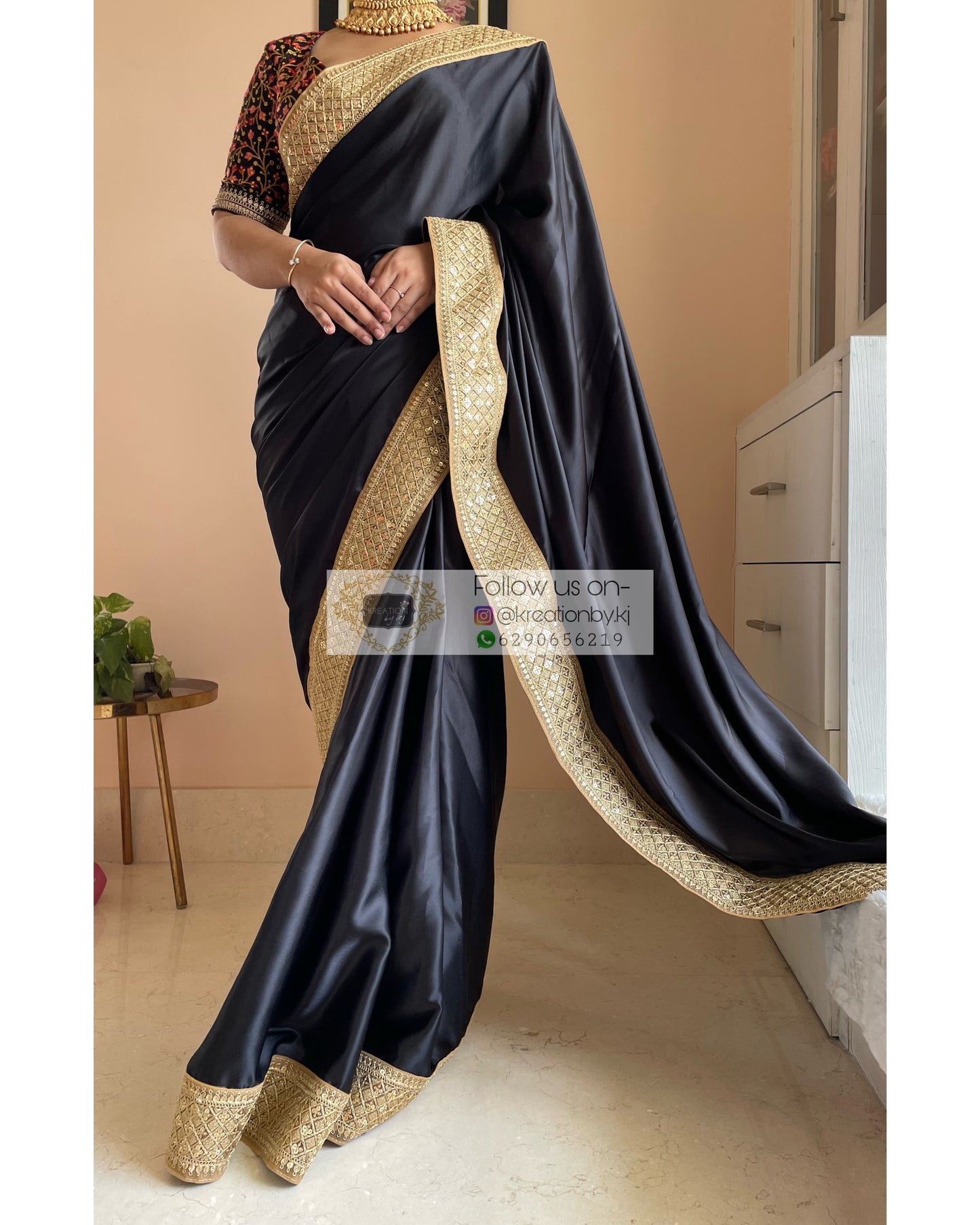 Black Satin Saree with Gold Border