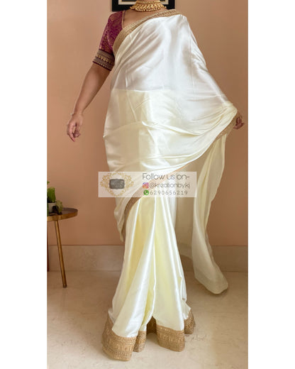 Cream Satin Saree with Beige Border