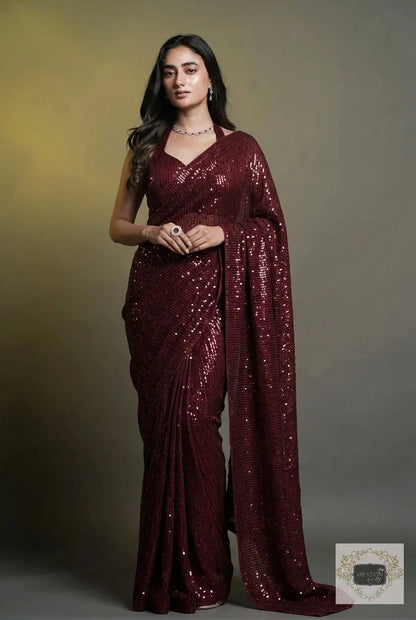 Maroon Sequins Saree kreationbykj