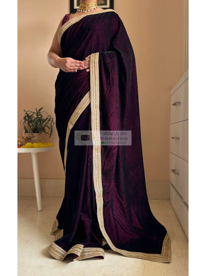 Dark Wine Velvet Saree with Golden Border kreationbykj
