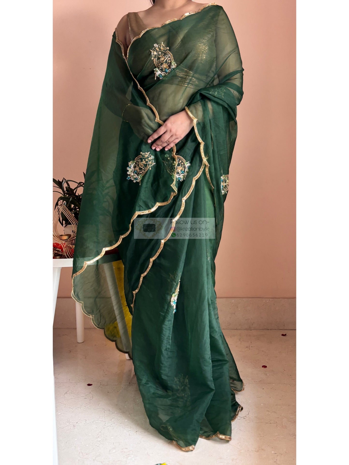 Scent of Yesterday Bottle Green Organza Saree Kreation by KJ
