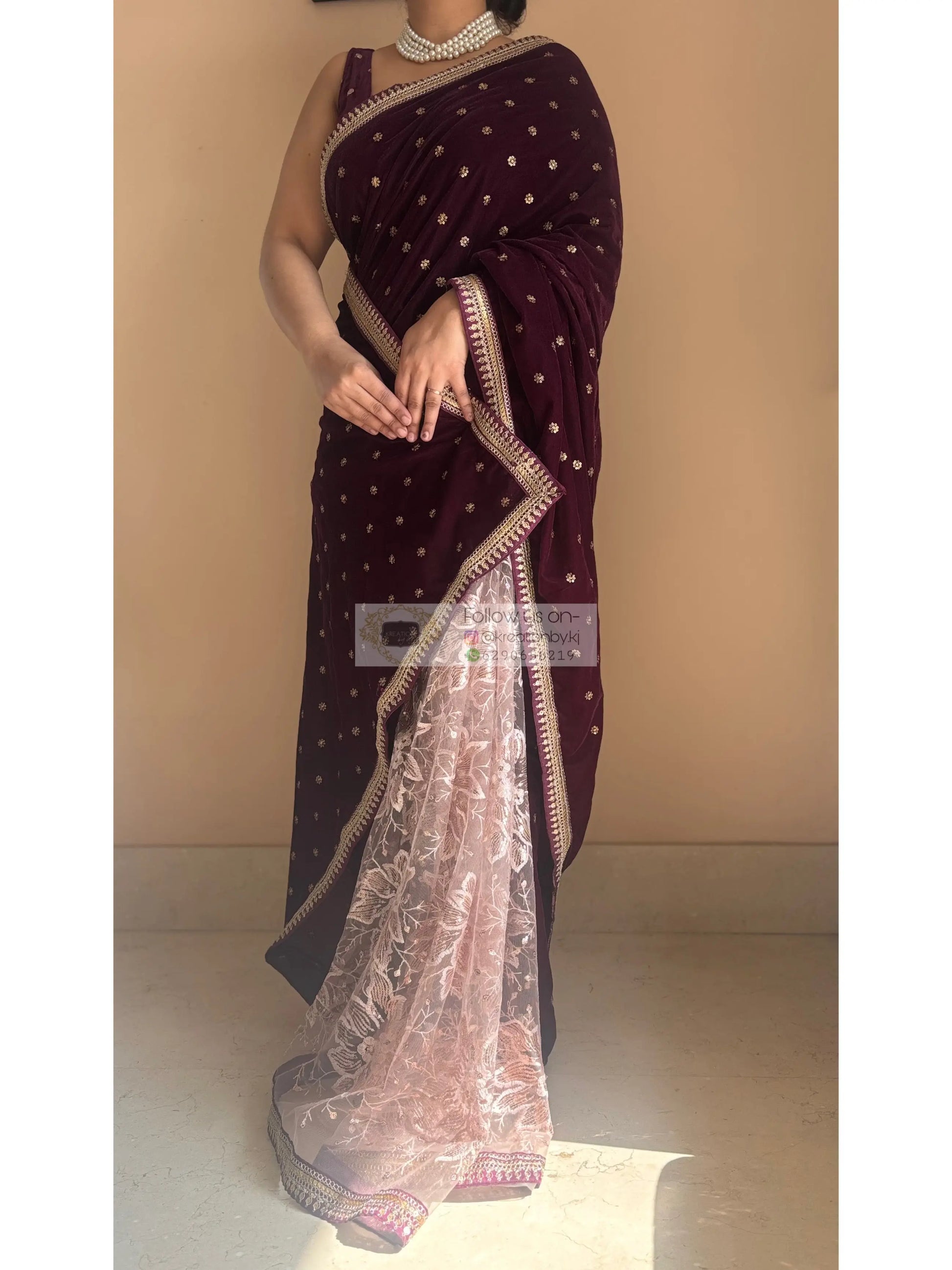 Purple Wine Velvet And Net Embellished Saree Kreation by KJ