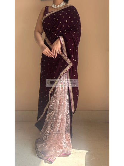 Purple Wine Velvet And Net Embellished Saree Kreation by KJ