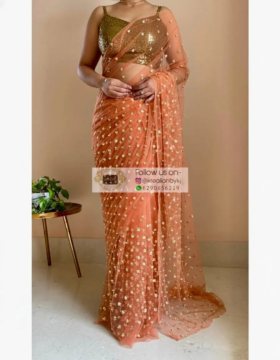 Coral Jugnoo Net Girlish Looking Partywear Saree kreationbykj