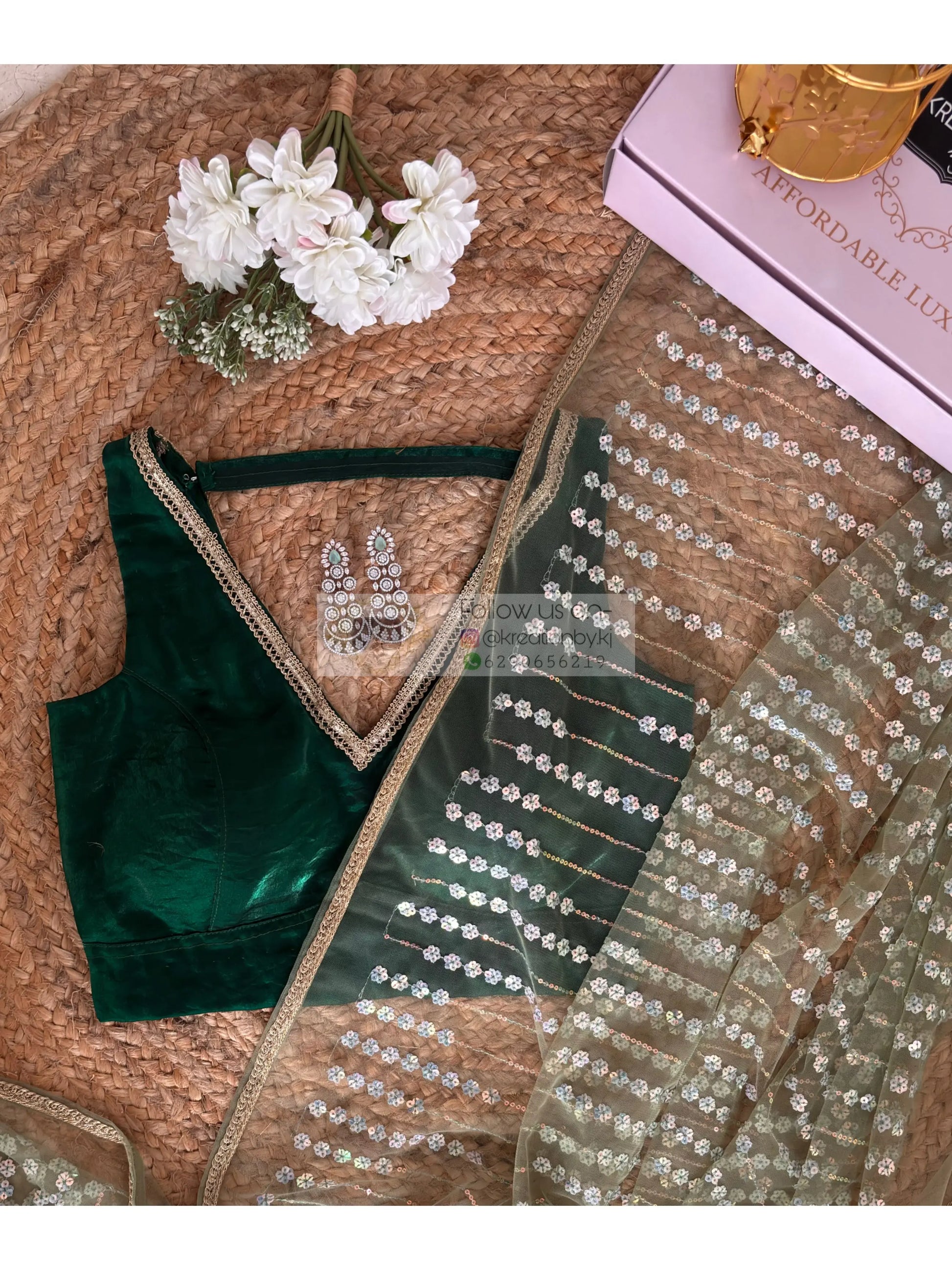 Sage Green Satin Net Half Saree Kreation by KJ