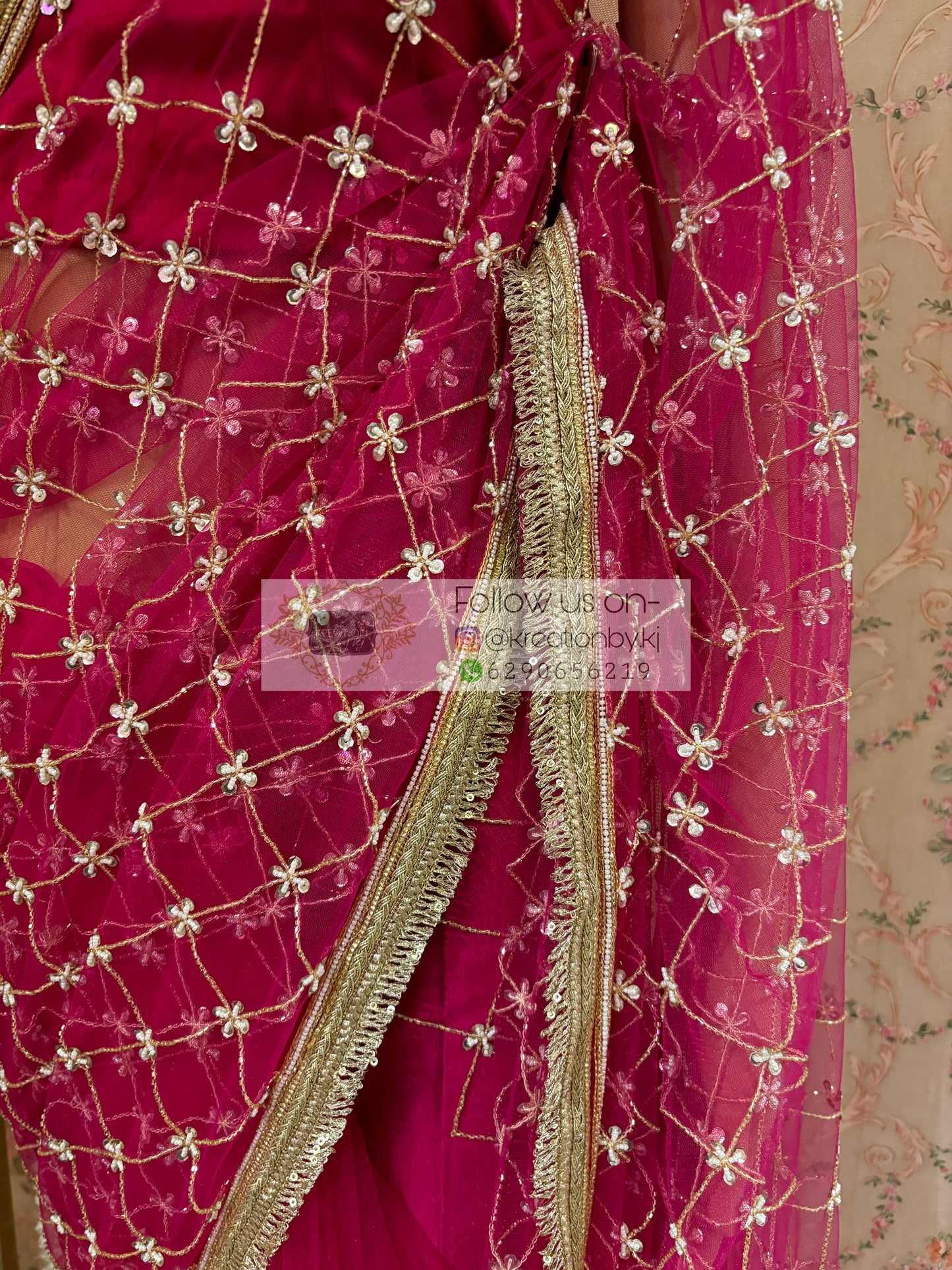 Hot Pink Cutdana Jaal Net Saree