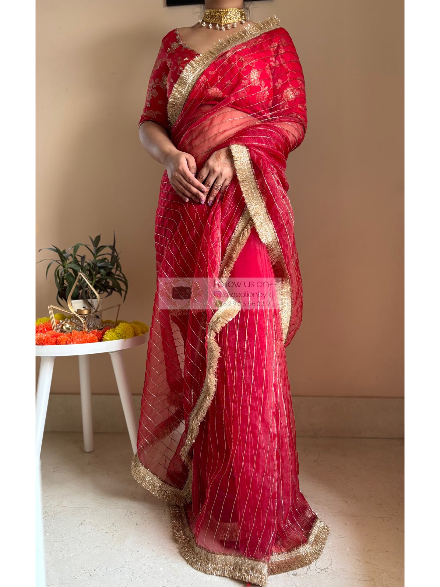 Red Noorani Banno Organza Saree Kreation by KJ