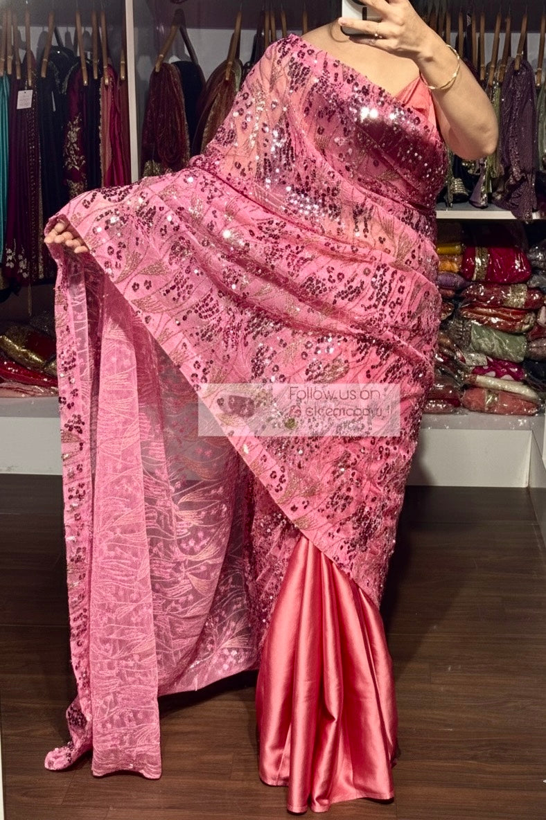 Pink Mermaid Sequin Partywear Saree kreationbykj