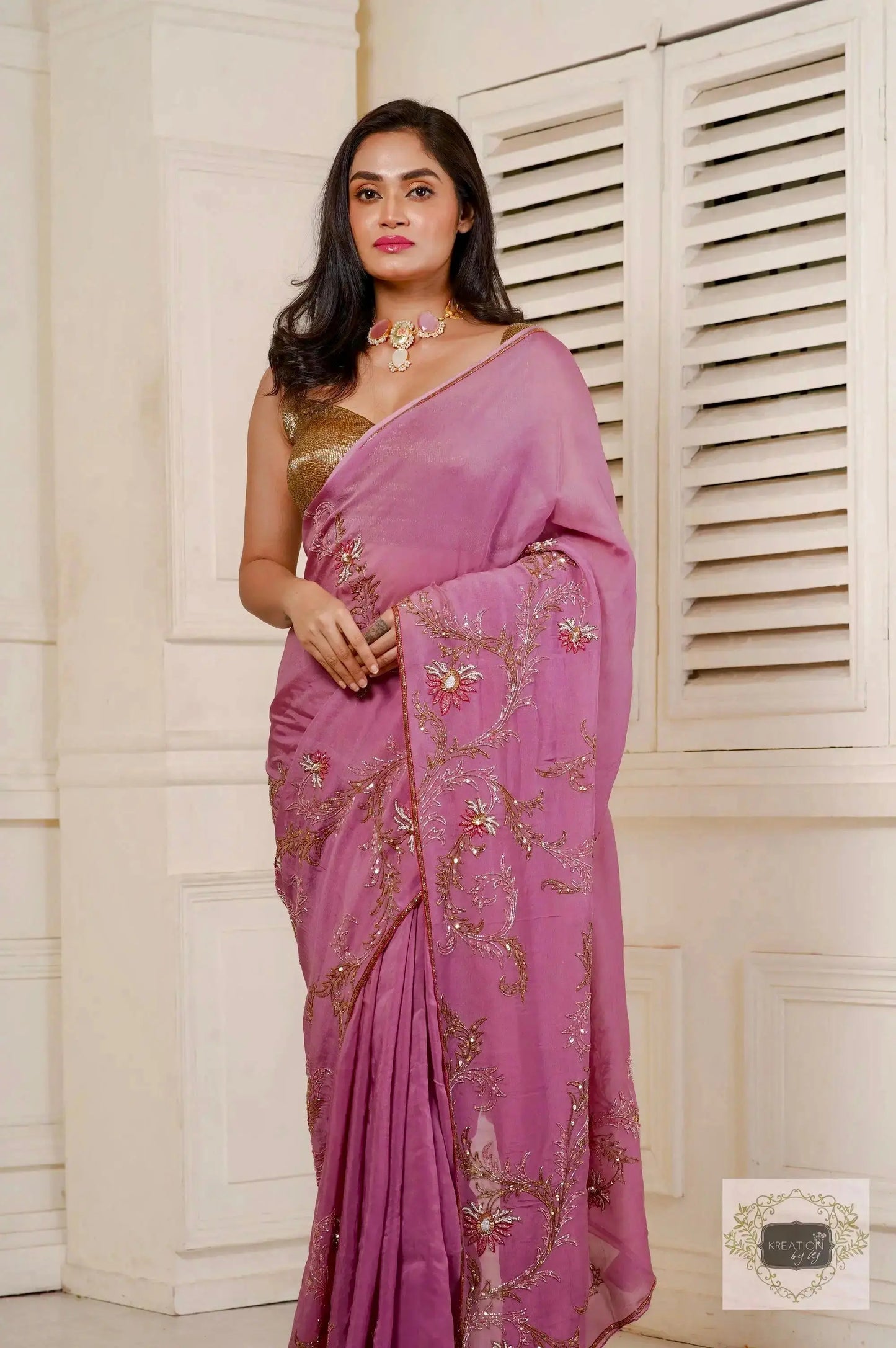 Mauve Diva Pure Organza Silk Saree with Handembroidery kreationbykj