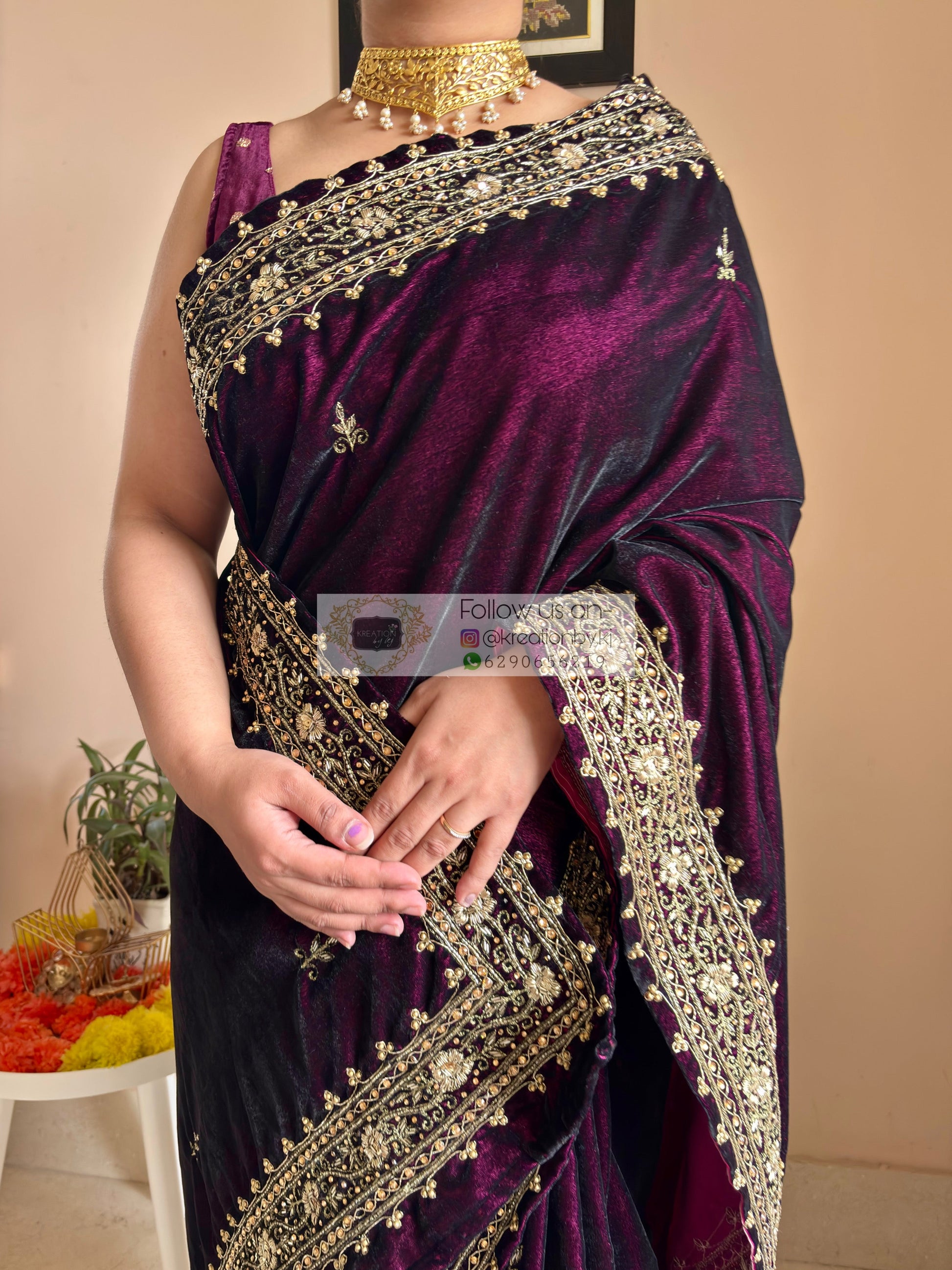 Dark Wine Velvet Zarina Saree Kreation by KJ