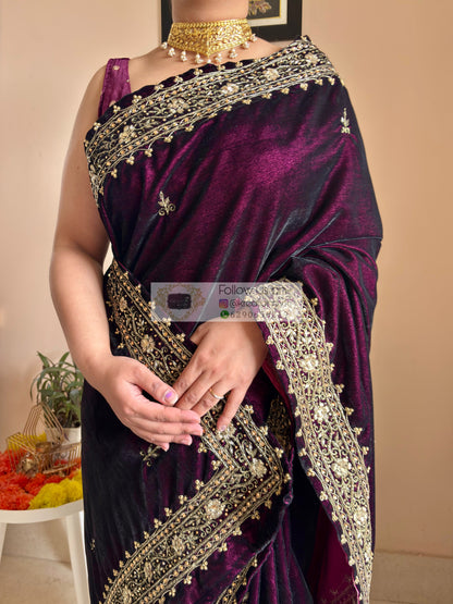 Dark Wine Velvet Zarina Saree Kreation by KJ