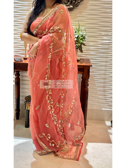 Peach Sheesh Leher Real Mirror Cutwork Saree Kreation by KJ
