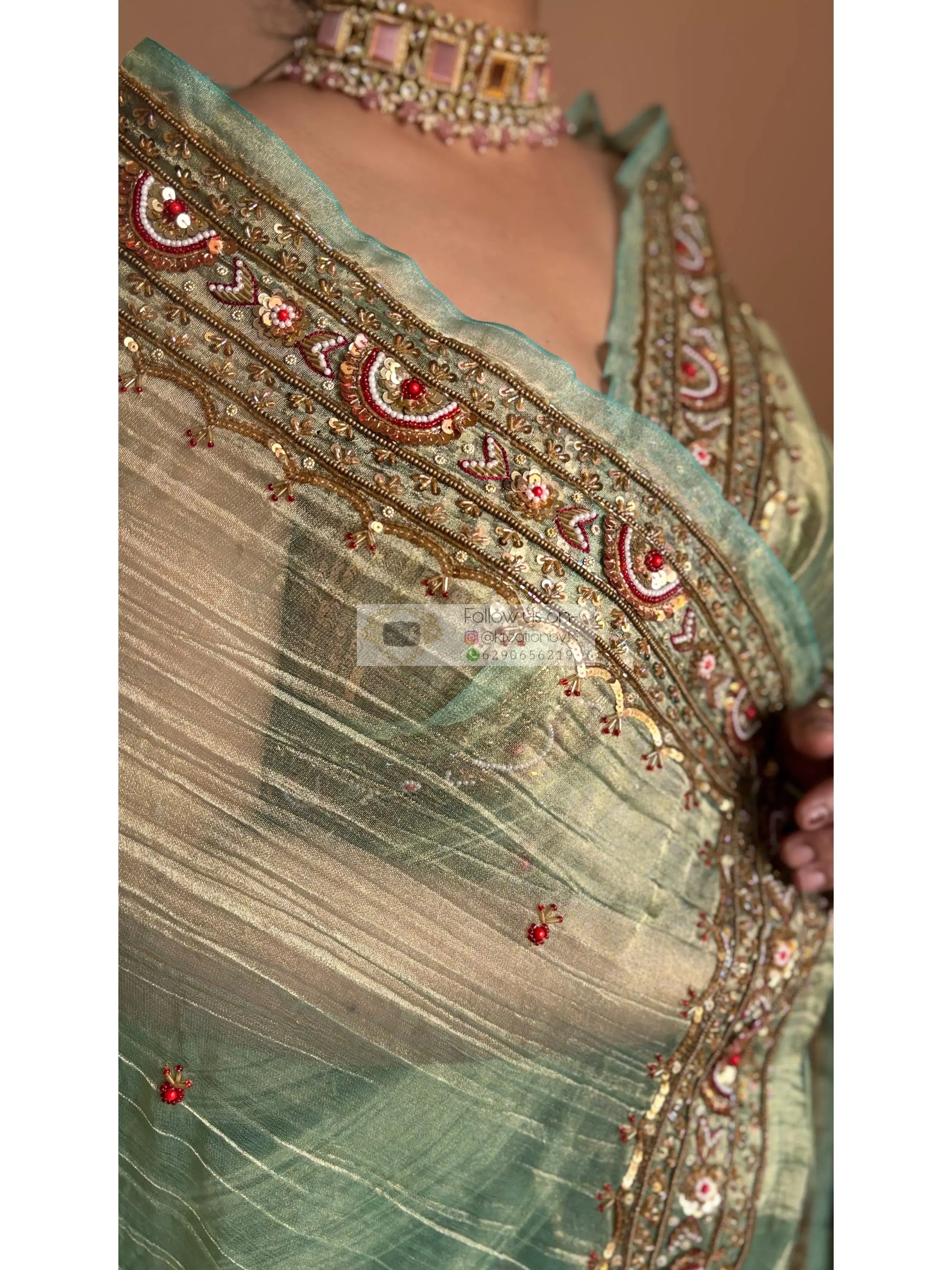 Green Tissue Saree with Hand embroidered Border Kreation by KJ