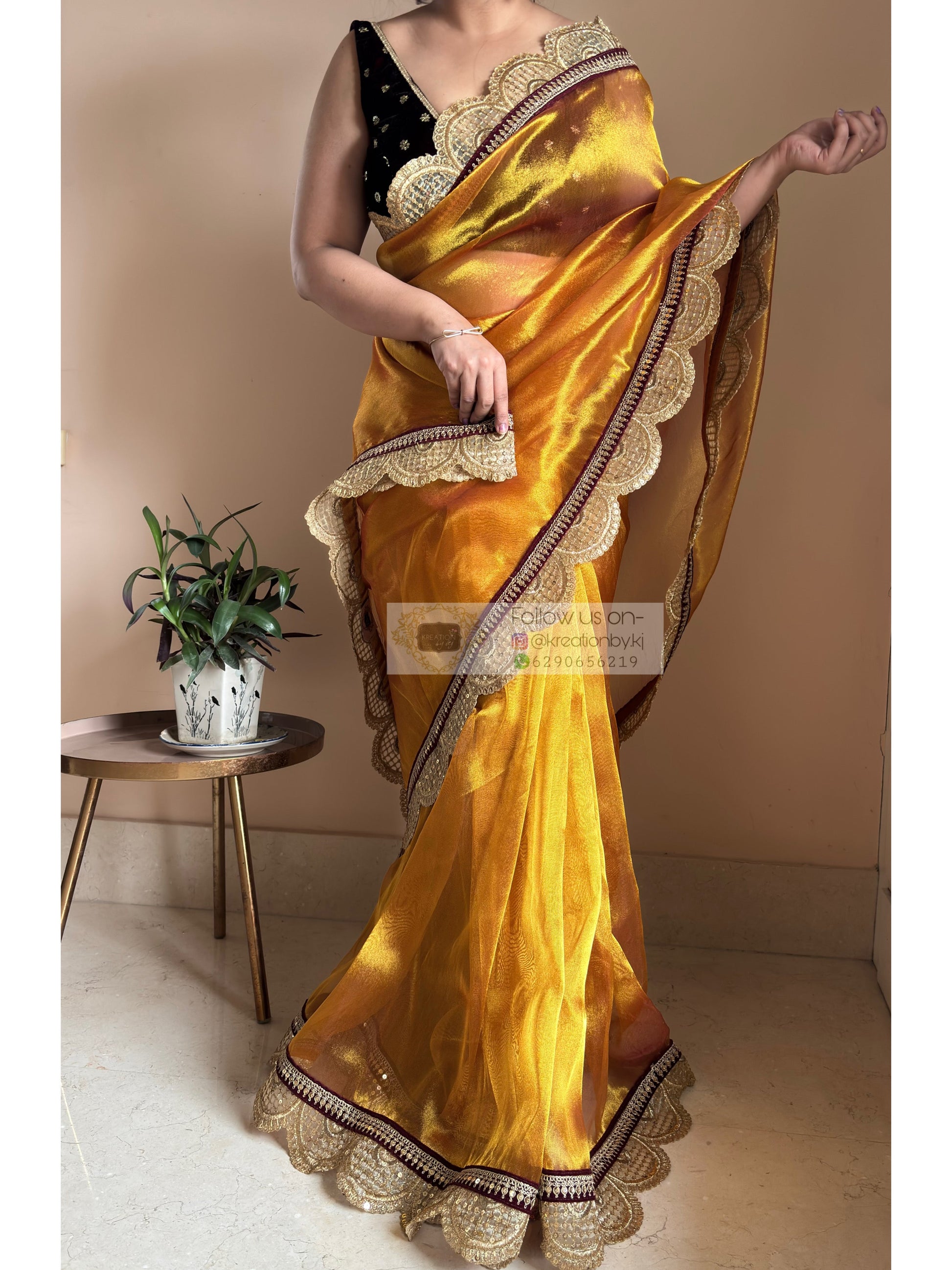 Fiery Gold Zari Tissue Mehraab Border Saree kreationbykj
