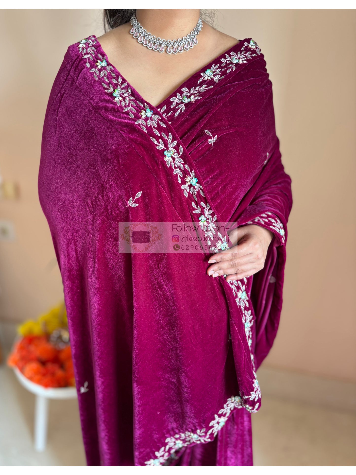 Purple Wine Velvet Chandani Saree with Cutdana Work