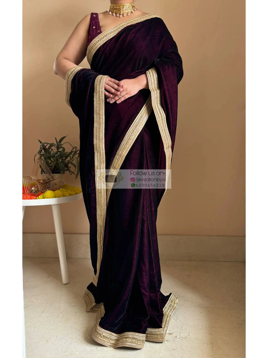 Dark Wine Velvet Saree with Golden Border kreationbykj