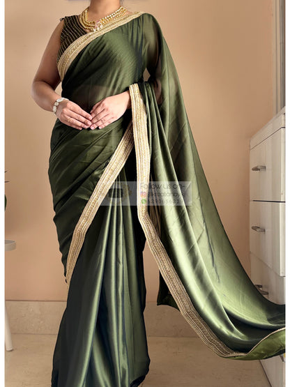 Olive Green Georgette Cocktail Saree with Golden Border Kreation by KJ