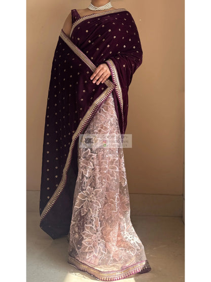 Purple Wine Velvet And Net Embellished Saree Kreation by KJ