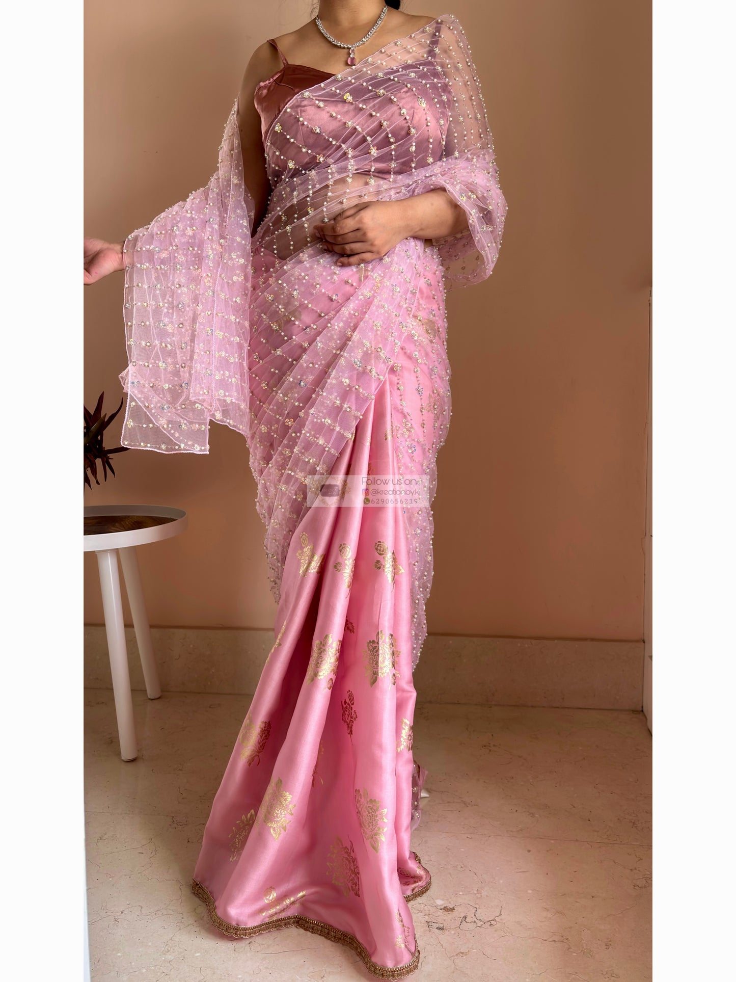 Blush Pink Golden Rose Saree