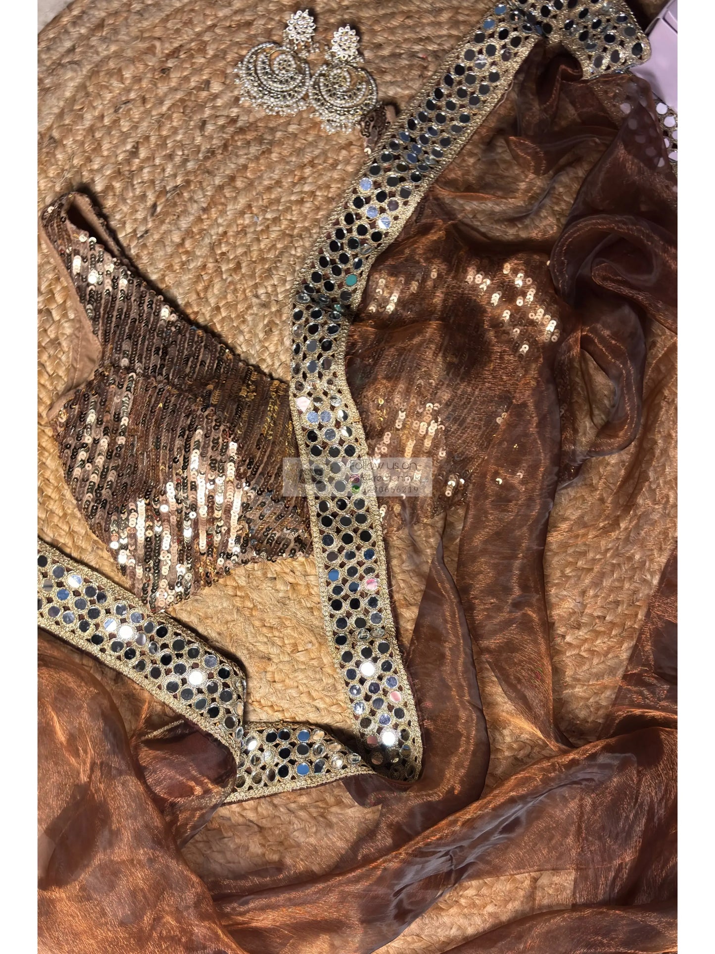 Copper Brown Glass Tissue Saree With Real Cut Mirror Border Kreation by KJ